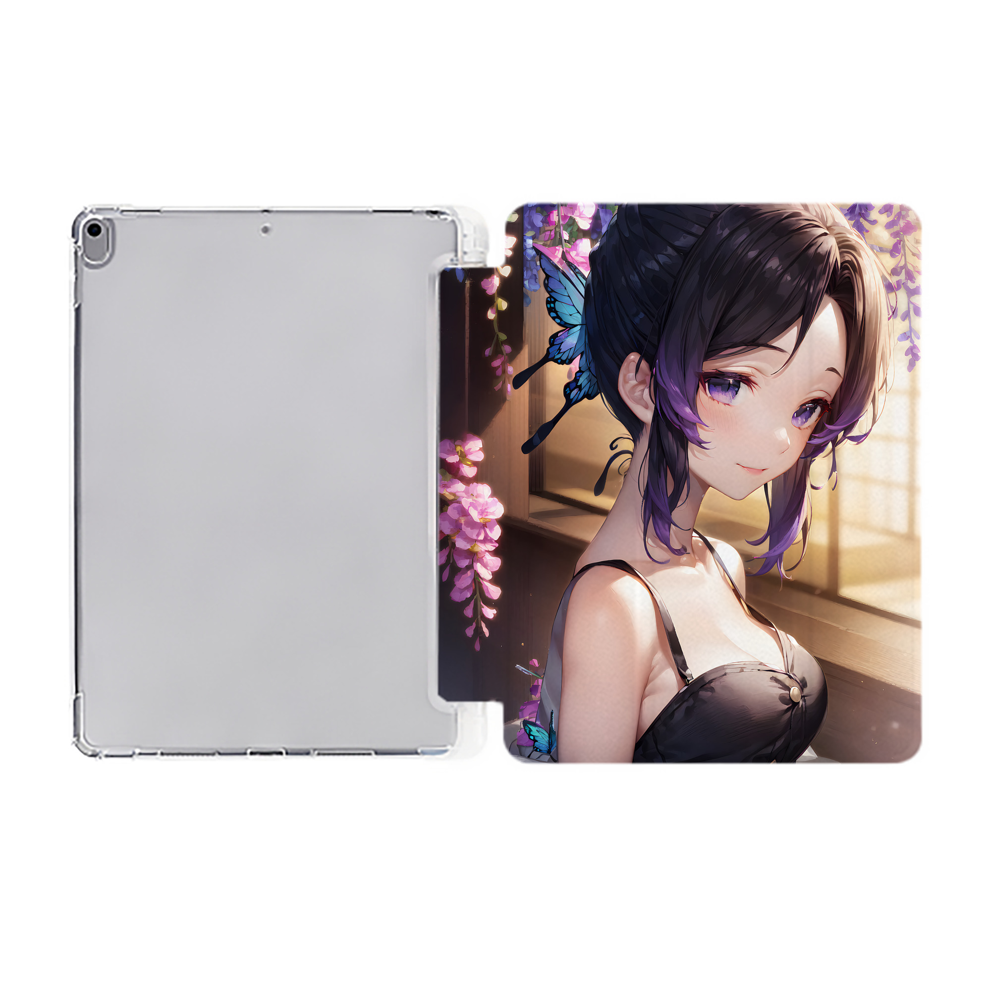 （画像用） 鬼滅の刃（きめつのやいば）蟲柱-胡蝶 しのぶ／こちょう しのぶ Kochou Shinobu IPad ケース ペン収納付き 三つ折りスタンド PUレザー×シリコン 対応機種9.5/10.5/10.9インチ